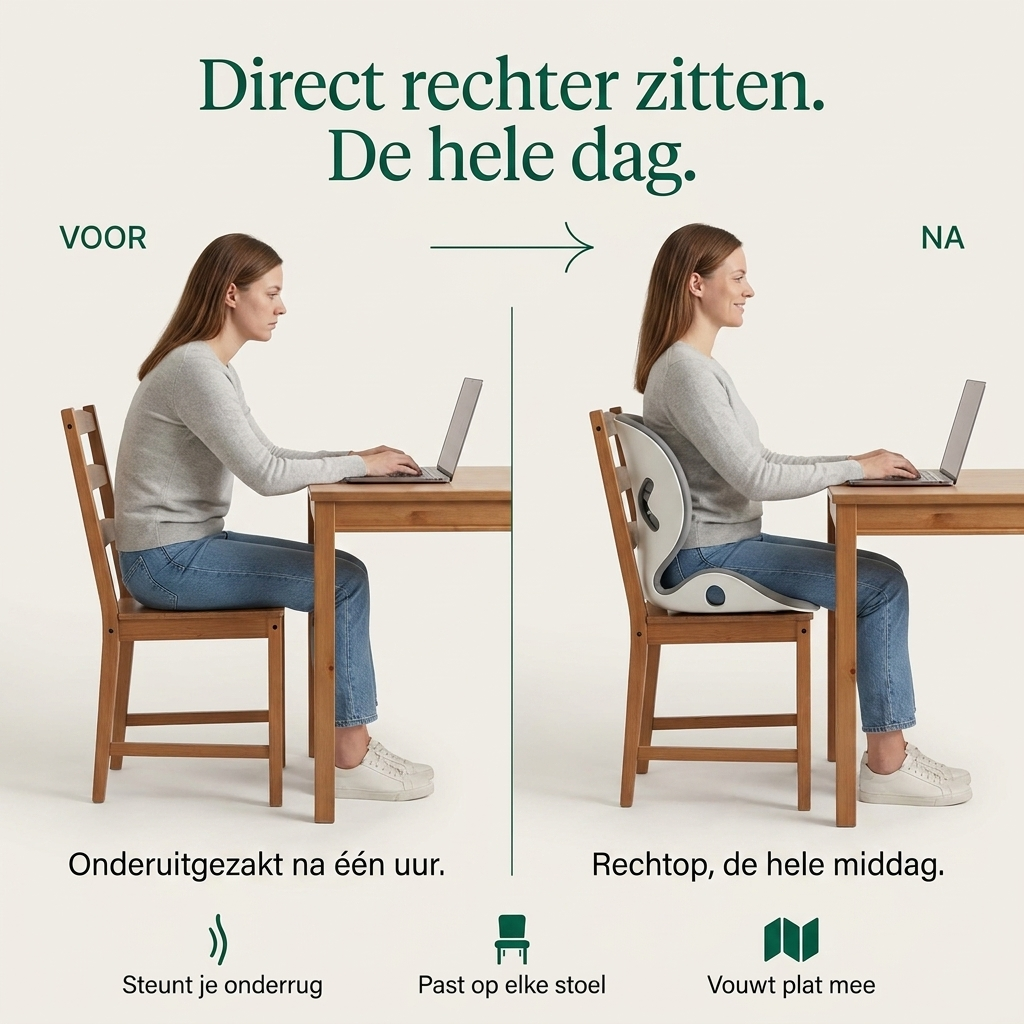 SitEase Daily ergonomisch zitkussen met gebogen rugsteun op een houten eettafelstoel