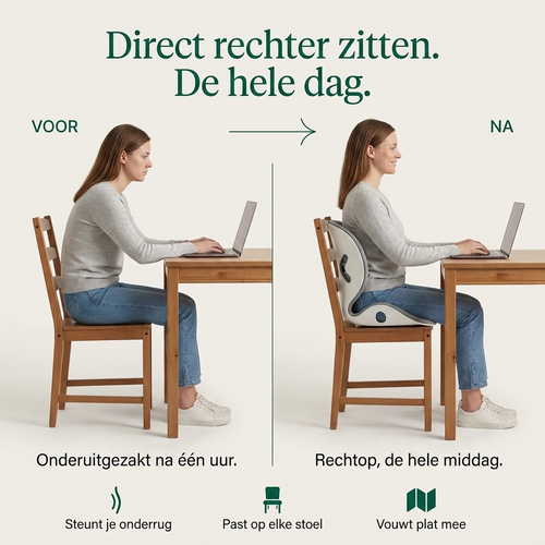 SitEase Daily ergonomisch zitkussen met gebogen rugsteun op een houten eettafelstoel