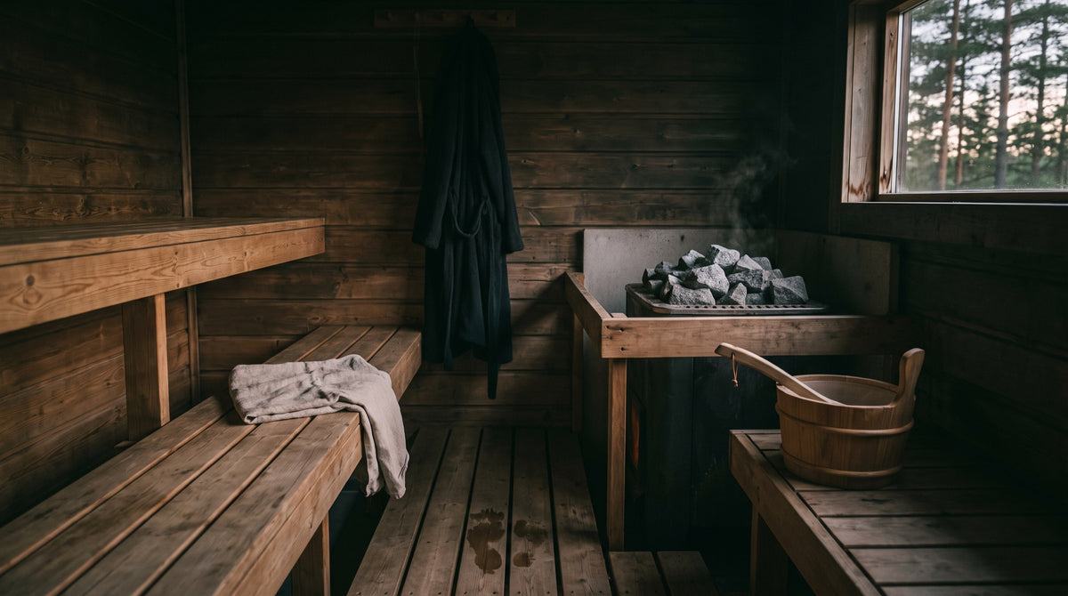 Houten sauna met kachel en saunastenen