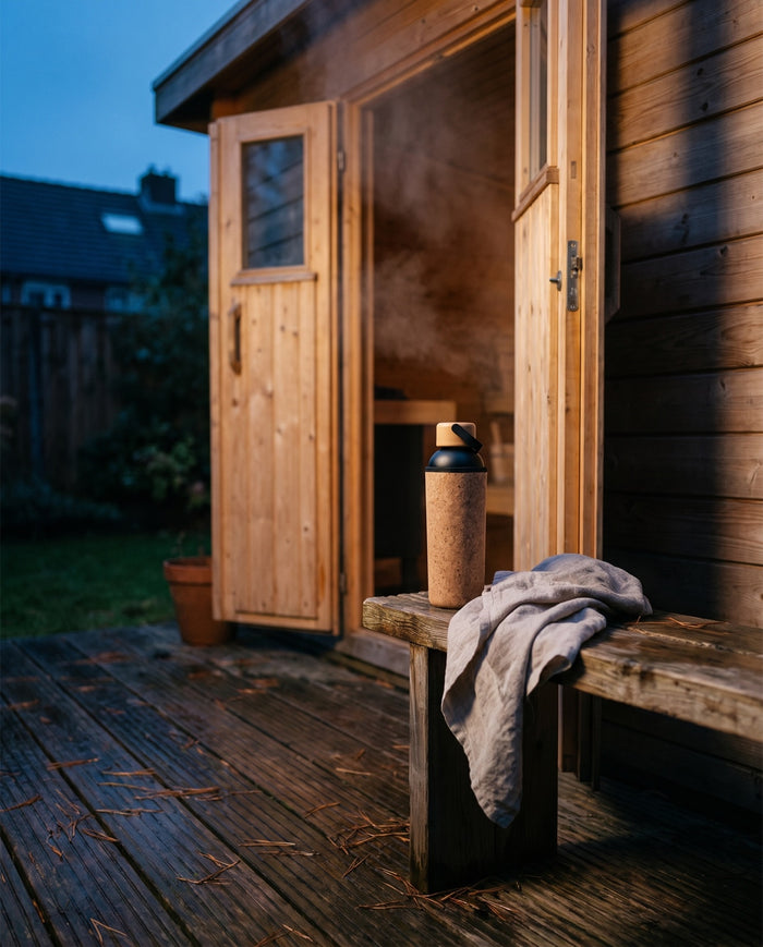 Korkki op het bankje bij een tuinsauna in de schemer