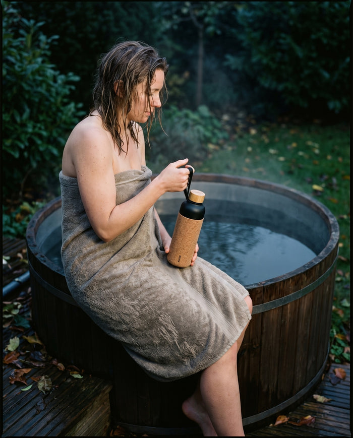 Vrouw bij een koud dompelbad met de Korkki-fles