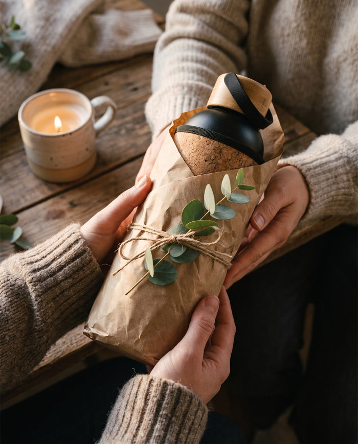 Korkki ingepakt als cadeau met eucalyptus